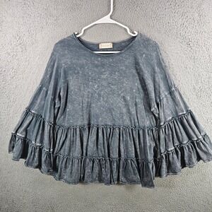 Altar'd State Womens Large Gray Acid Wash Ruffle Tiered Bell Sleeve Cotton Top